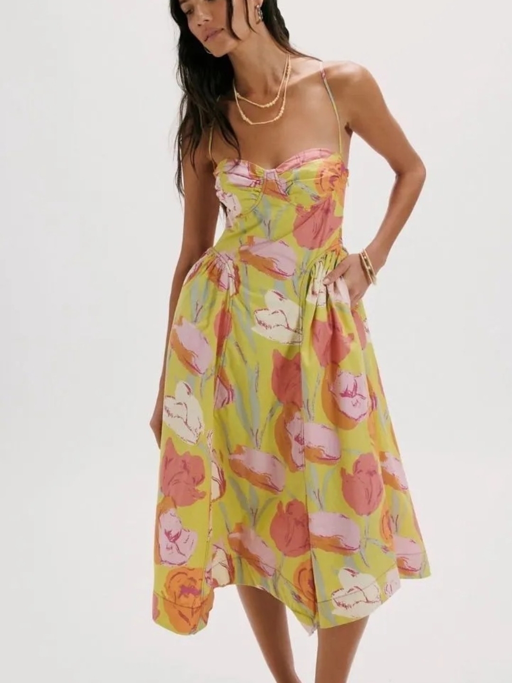 Free People Yellow Floral Midi Dress with Pink & Orange Blooms